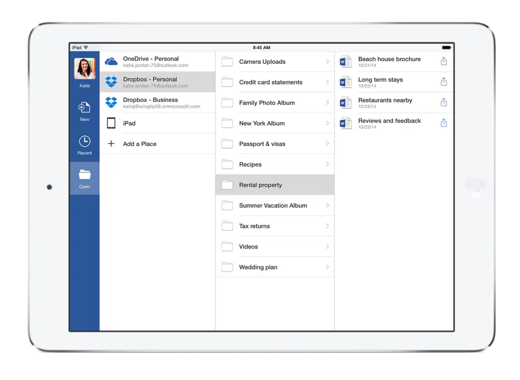 Vos documents Office sur Dropbox sont accessible directement depuis l'application Office