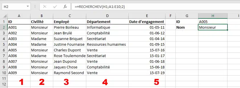 RECHERCHEV après l’ajout d’une colonne civilité : la formule retourne la civilité au lieu du nom de l’employé