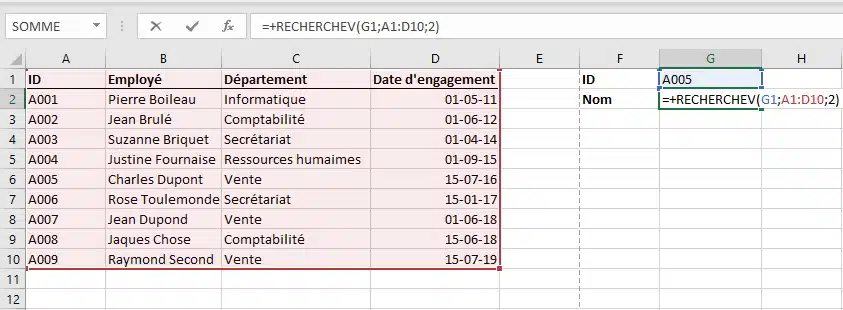 La fonction RECHERCHEV dans Excel : recherche du nom d’un employé à partir de son ID