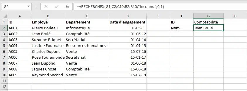 RECHERCHEX avec le mode de recherche 1 : premier employé du département en partant du haut de la liste