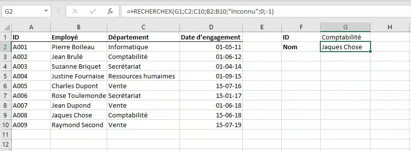 RECHERCHEX avec le mode de recherche -1 : premier employé du département en partant du bas de la liste