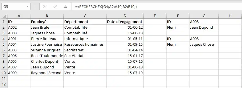 RECHERCHEX sur une liste triée par nom : la formule retrouve le bon employé