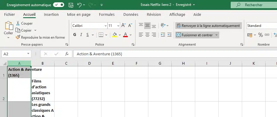 Suppression des catégories principales de Netflix dans Excel