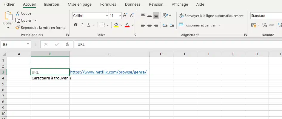 Onglet de configuration du fichier Excel