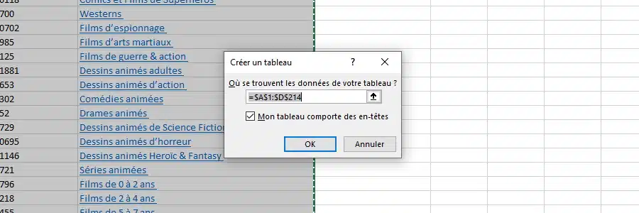 Fenêtre de confirmation de la zone et des en-têtes du tableau Excel