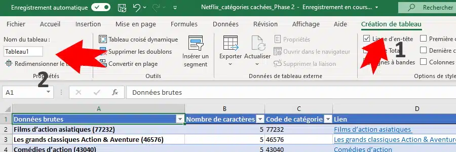 Tableau Excel renommé « Catégories »