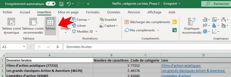 Menu Insertion puis option Tableau dans Excel