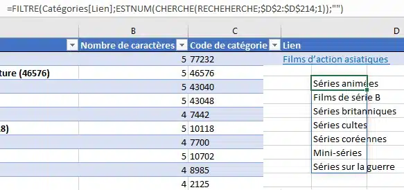 Résultats de la formule FILTRE qui débordent sous la cellule dans Excel