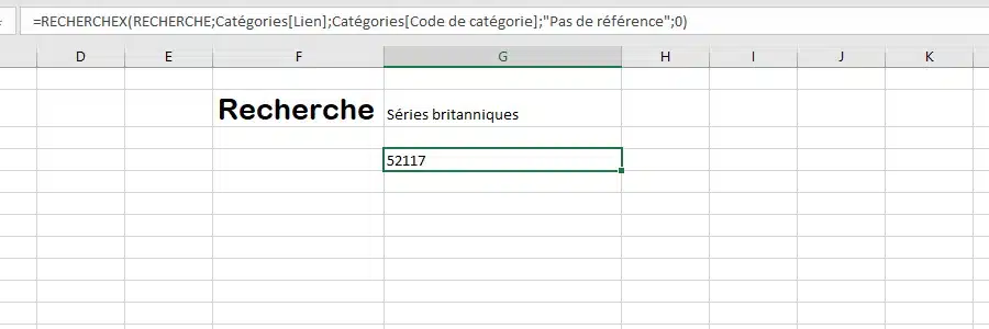 Formule RECHERCHEX qui renvoie le code de la catégorie Netflix