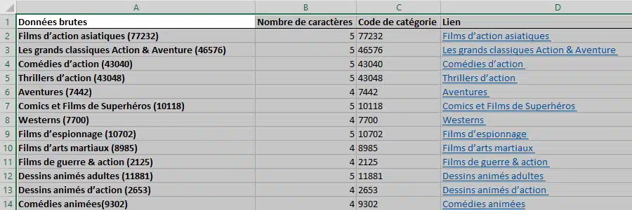 Sélection de la liste des catégories Netflix dans Excel