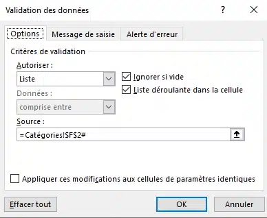 Validation des données de type liste avec la référence Catégories!$F$2#