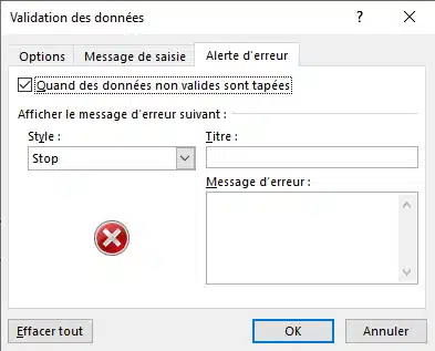 Onglet Alerte d'erreur de la validation des données dans Excel