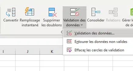 Menu Données puis option Validation des données dans Excel