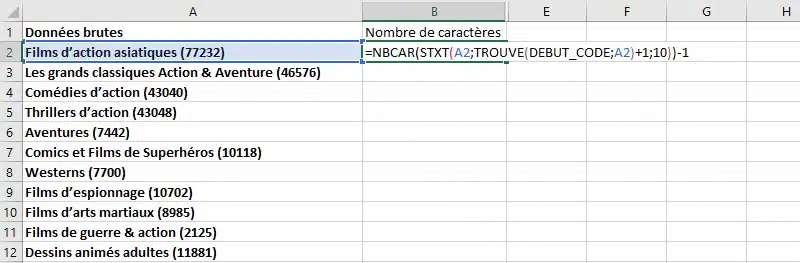 Formule NBCAR, STXT et TROUVE dans Excel pour compter les caractères du code d'une catégorie Netflix