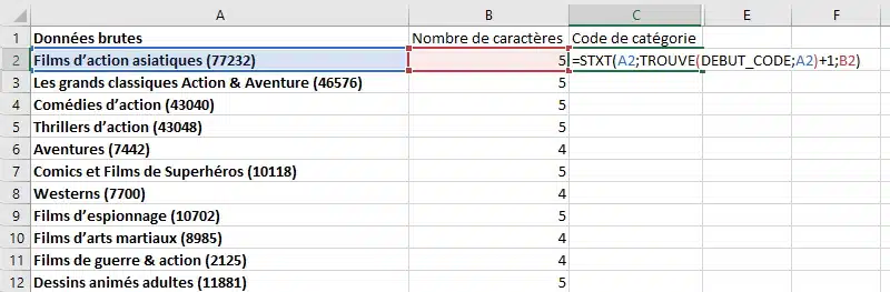 Formule STXT dans Excel pour extraire le code d'une catégorie Netflix