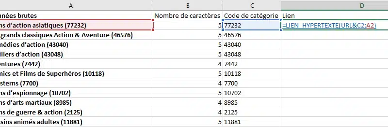 Création des liens vers les catégories Netflix avec la fonction Excel LIEN_HYPERTEXTE