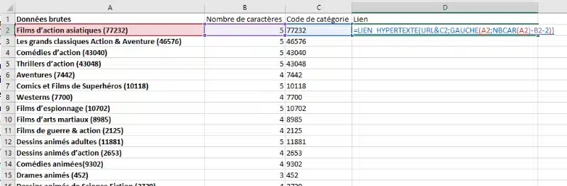 Formule LIEN_HYPERTEXTE combinée à GAUCHE et NBCAR pour afficher le nom de la catégorie Netflix sans son code