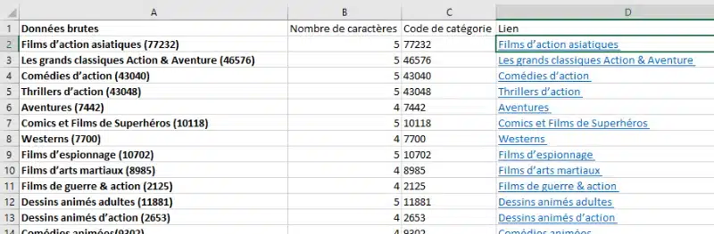 Tableau Excel final avec des liens lisibles vers les catégories cachées de Netflix