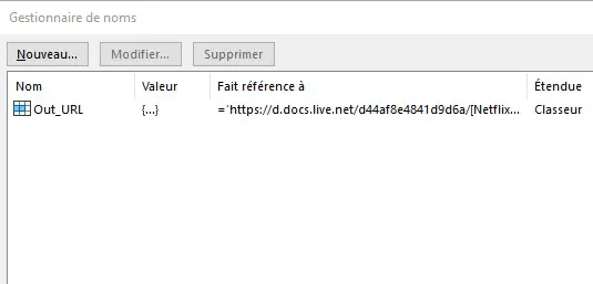 Gestionnaire de noms Excel avec un nom pointant vers un fichier externe