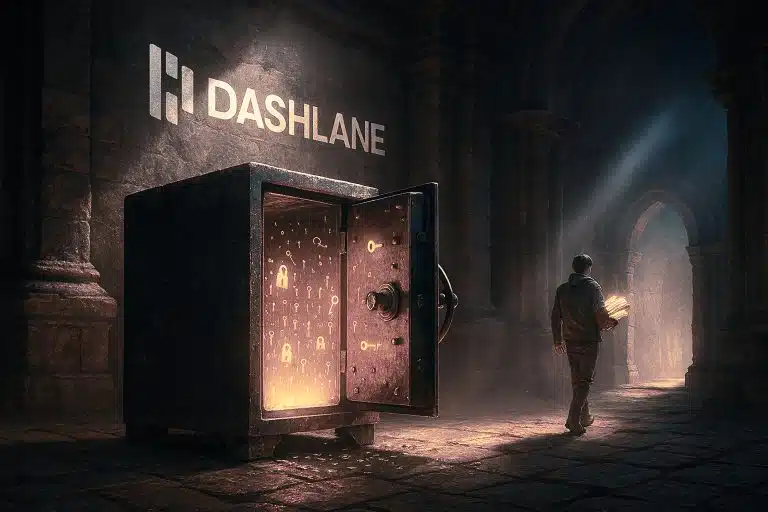 Illustration cinématique réaliste montrant un utilisateur quittant Dashlane Free, portant ses données et mots de passe exportés, devant un coffre-fort ouvert avec le logo Dashlane, symbolisant la fin du service gratuit en septembre 2025 et la migration vers des alternatives.