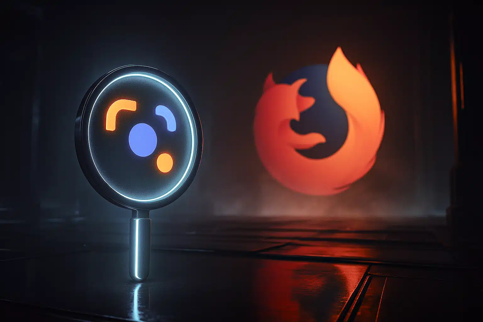 Illustration sombre montrant Google Lens face au logo Firefox, dans une ambiance technologique tendue mais équilibrée.