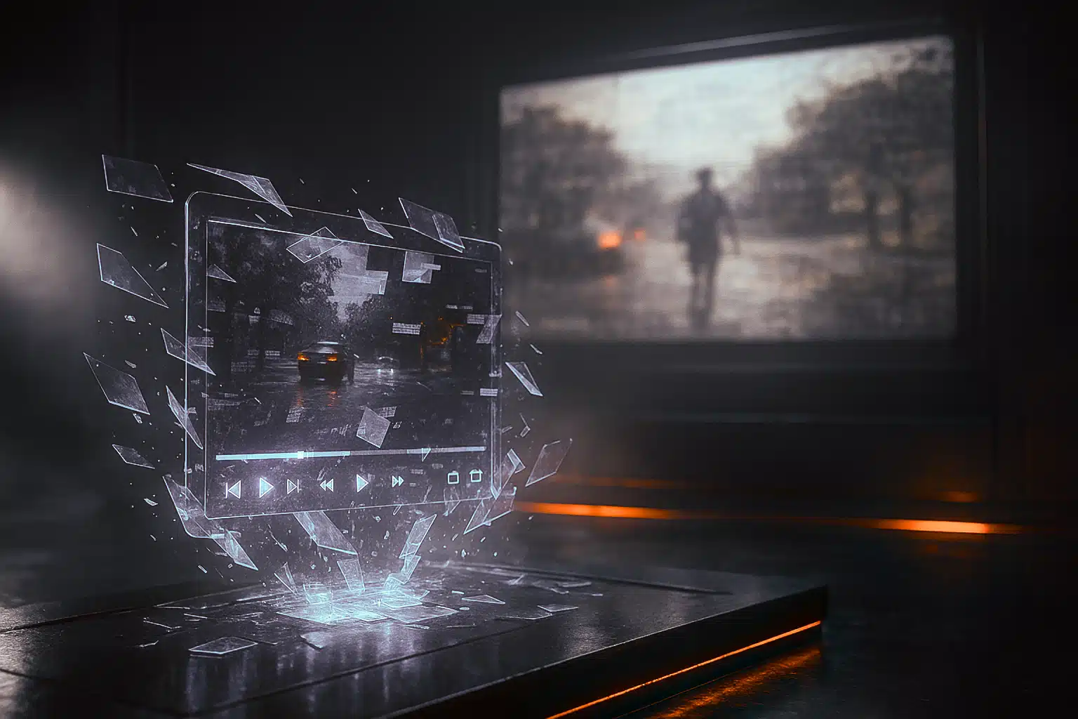 Interface vidéo glitchée sur un écran sombre, symbolisant une vidéo générée par l’IA Sora 2 et les manipulations numériques.