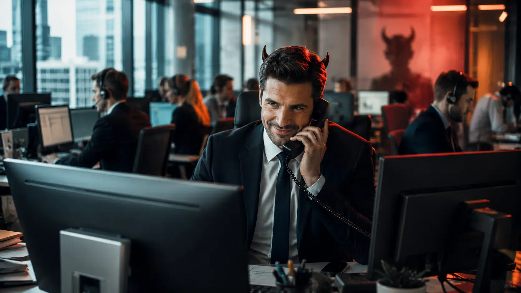 Centre d’appels utilisé pour des arnaques au téléphone et faux contrats d’assurance, illustration inspirée d’une enquête sur le démarchage frauduleux.
