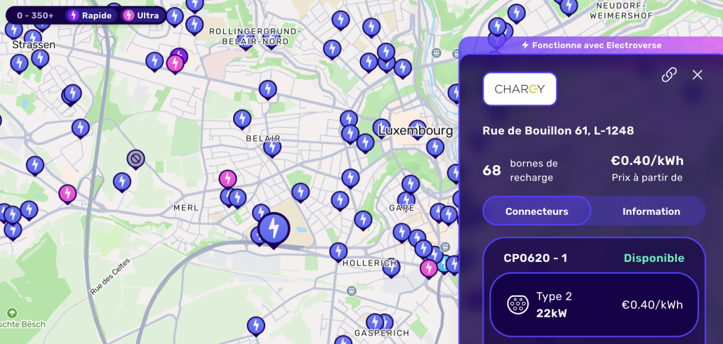 Le prix d'une recharge sur les bornes Chargy du  P+R Bouillon