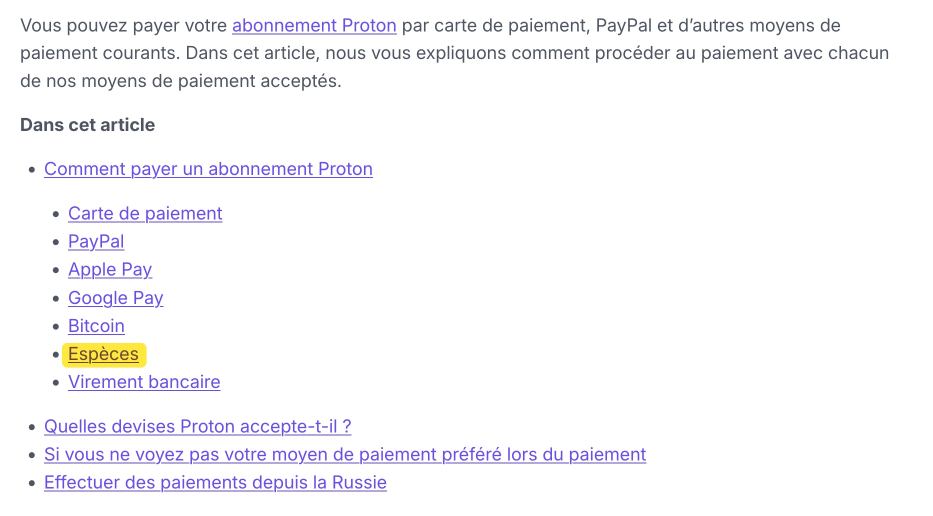 Payer Proton en espèces : la page d'aide officielle de Proton liste les espèces parmi les moyens de paiement acceptés